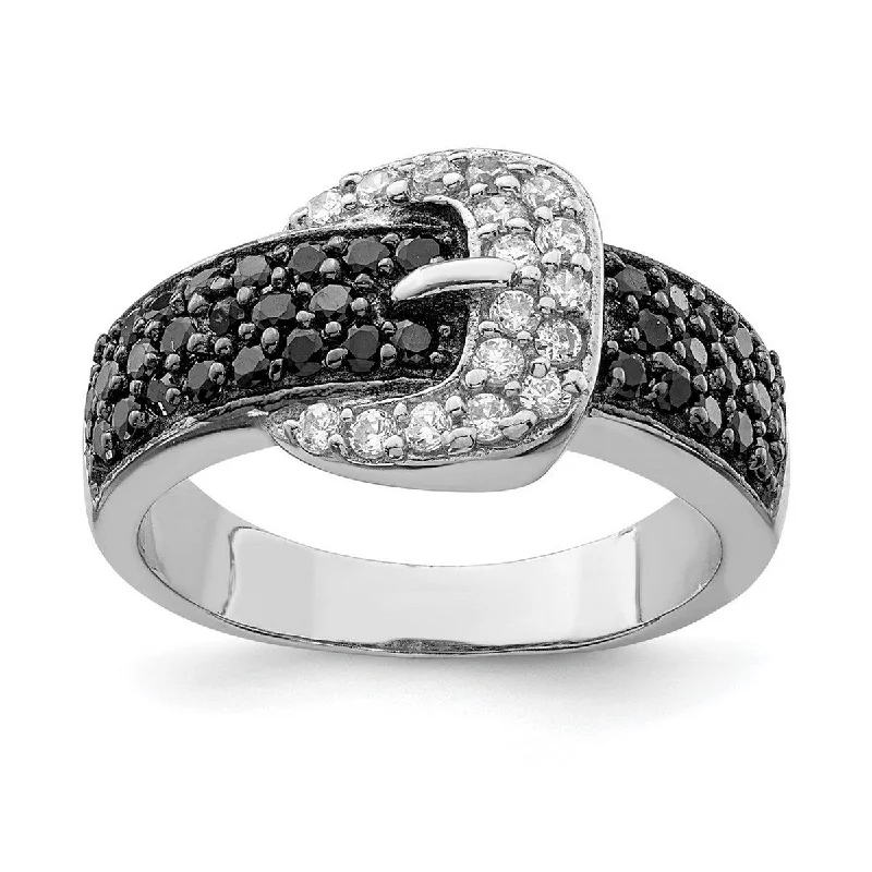 Textured stone ring-Curata 925 Sterling Silver Polished Open back Rhodium Black and Clear CZ Cubic Zirconia Simulated Diamond Buckle Ring