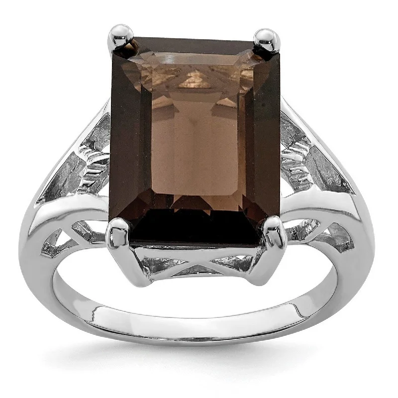 Flowing design ring-Curata 925 Sterling Silver Polished Open back Rhodium Smokey Quartz Ring