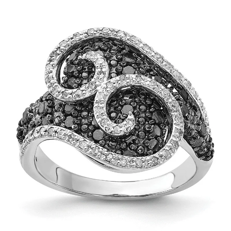 Furrowed pattern ring-Curata 925 Sterling Silver Polished Prong set Black and White Diamond Ring