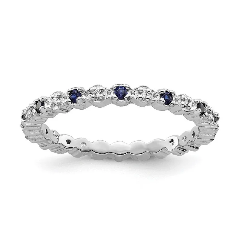 Shiny rhodium ring-Curata 925 Sterling Silver Polished Prong set Stackable Expressions Created Sapphire and Diamond Ring