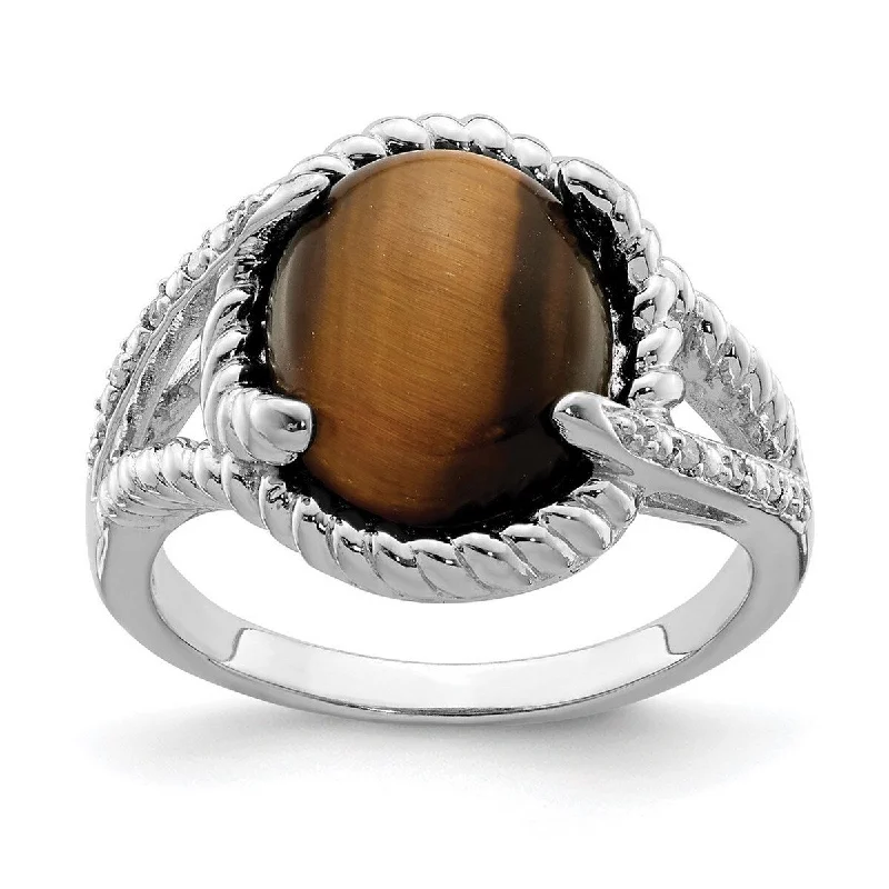 Streamlined design ring-Curata 925 Sterling Silver Polished Tigers Eye and Diamond Ring