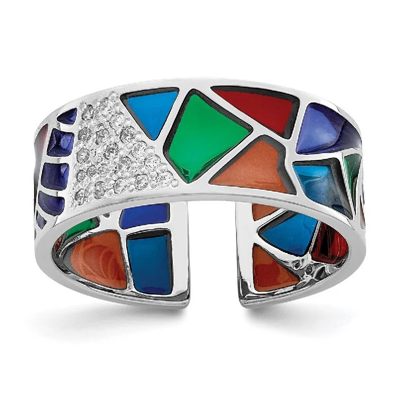 Worn nickel ring-Curata 925 Sterling Silver Rhod Plated Abstract Enamel and CZ Cubic Zirconia Cuff Ring