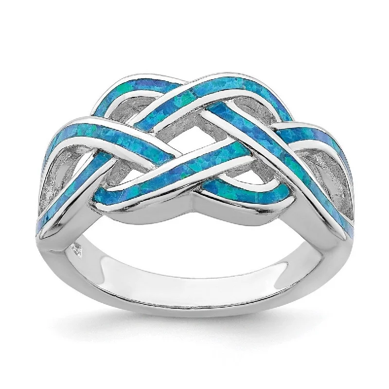 Subtle rim ring-Curata 925 Sterling Silver Rhodium Plated Blue Inlay Simulated Opal Knot Ring