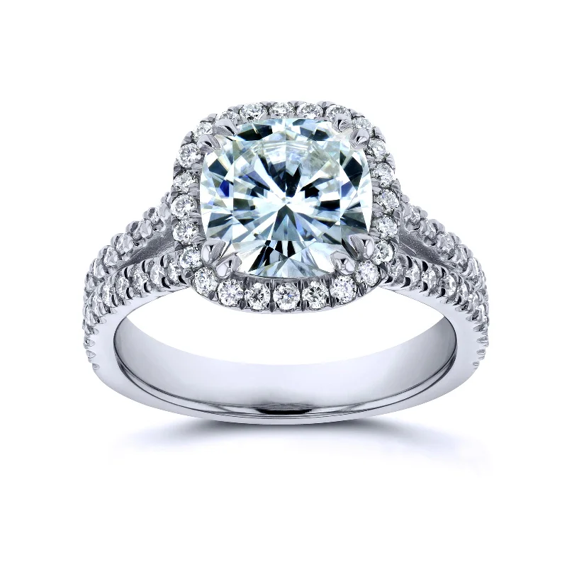 Encased stone ring-2-1/2ct.tw Cushion Moissanite & Diamond Halo Split-shank