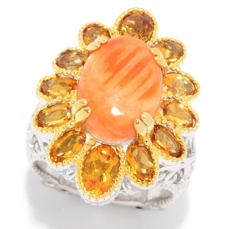 Clipped ring-Dallas Prince 14 x 10mm Oval Spiny Oyster & Sunset Citrine Flower Ring