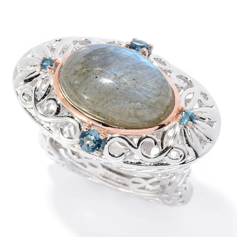 Vivid diamond ring-Dallas Prince Sterling Silver 15 x 10mm Oval Labradorite & Gem Filigree Ring