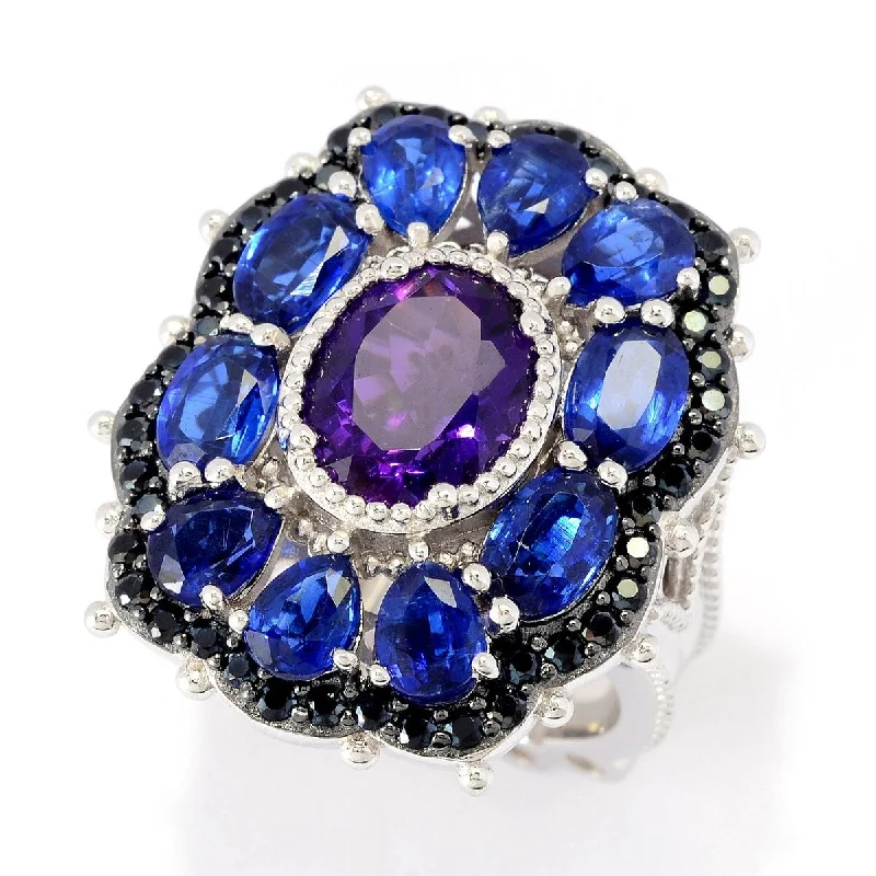 Tilted stone ring-Dallas Prince Sterling Silver 7.56ctw African Amethyst, Kyanite & Black Spinel Cluster Ring