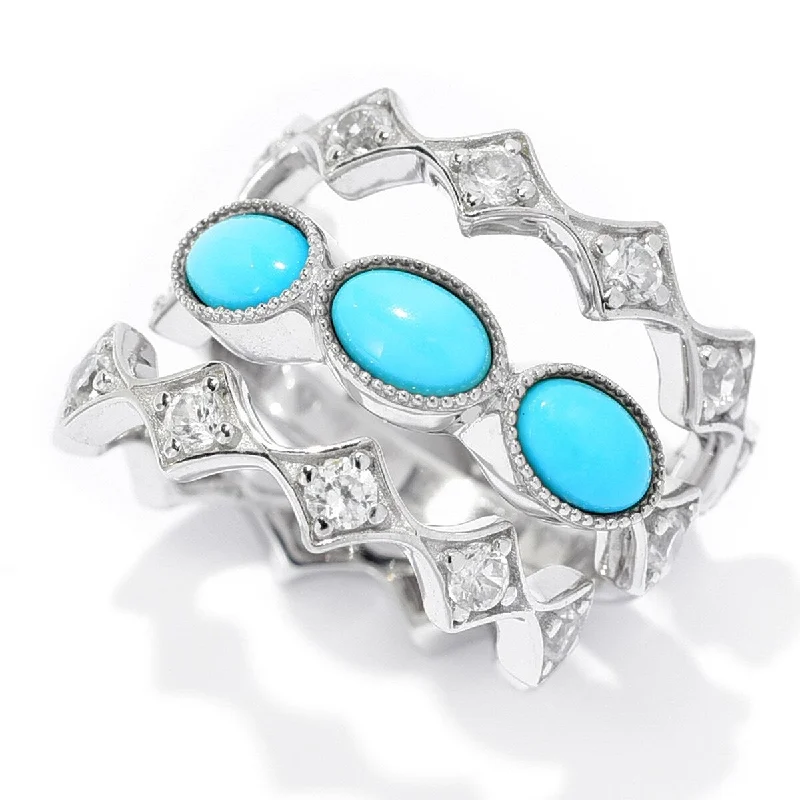 Wispy silver ring-Dallas Prince Sterling Silver Set of 3 Zircon & Sleeping Beauty Turquoise Rings