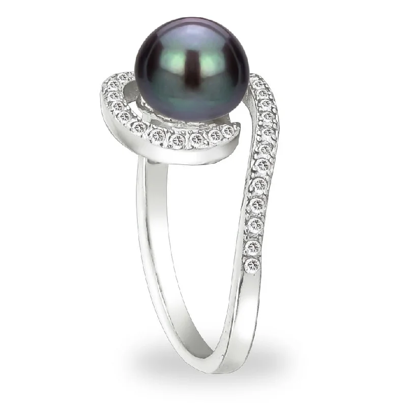 Branch-twist ring-DaVonna Sterling Silver 7-8 mm Black Freshwater Pearl and White Topaz Spiral Ring