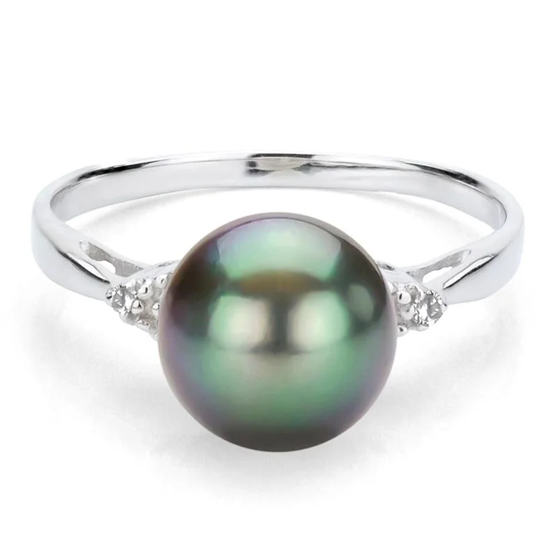 Old emerald ring-DaVonna Sterling Silver 9-9.5 mm Tahitian Pearl and 1/10ct Diamond Ring - Black