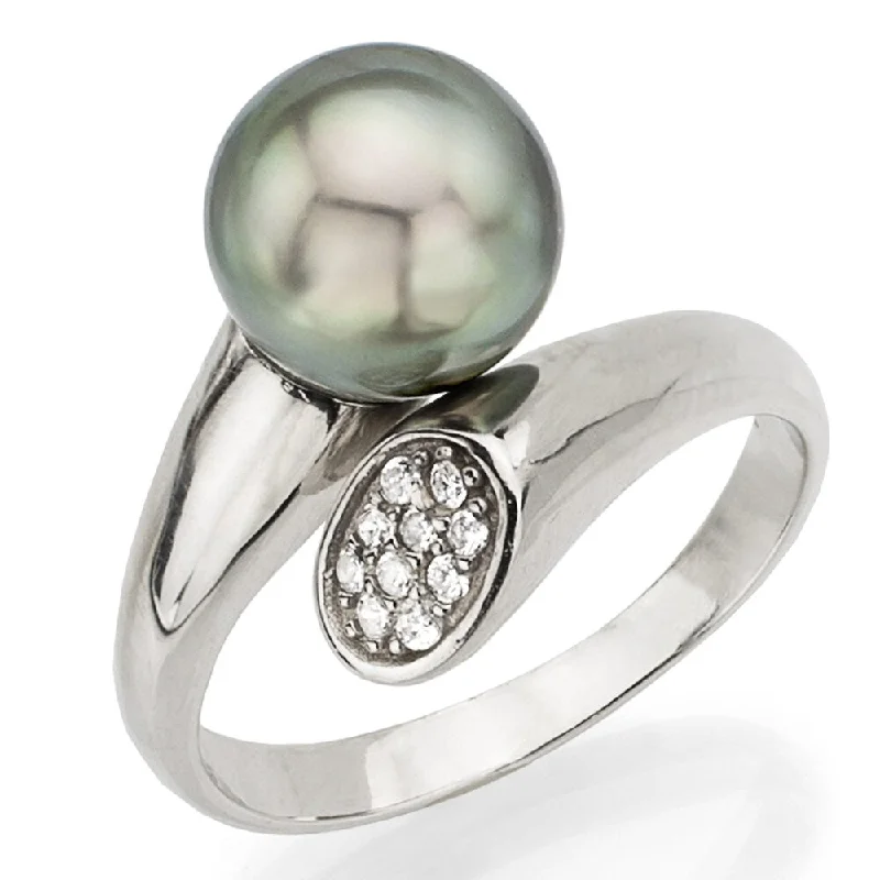 Vivid kyanite ring-DaVonna Sterling Silver Tahitian Pearl and Cubic Zirconia Adjustable Ring