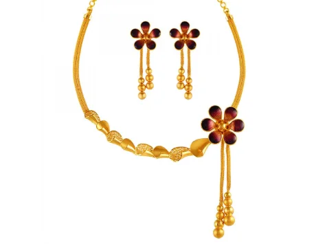 Tide-wave necklace-Dazzling Pretty Flower Design 22k Gold Jewellery Set