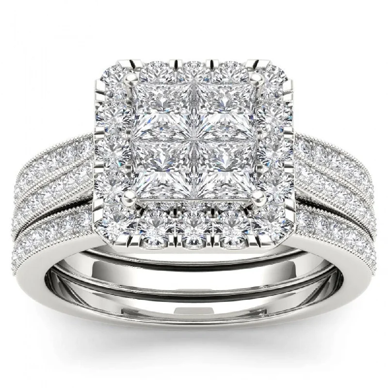 Arching ridge ring-De Couer 14k White Gold 1 1/2ct TDW Diamond Halo Bridal Set - White H-I