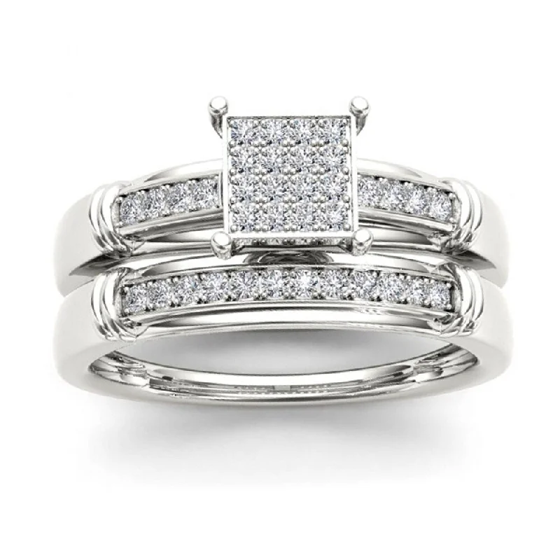 Textured stone ring-De Couer S925 Sterling Silver 1/5ct TDW Diamond Wedding Ring Set - White H-I - White H-I