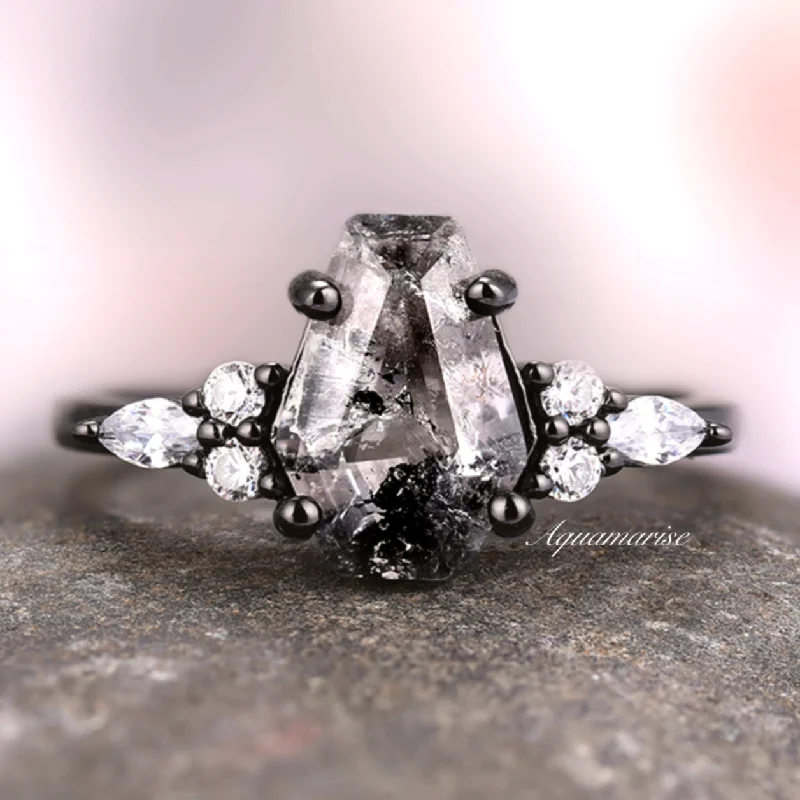 Furrowed pattern ring-Galaxy Raw Salt & Pepper Diamond (Herkimer Diamond) Engagement Ring- Black Rhodium Filled