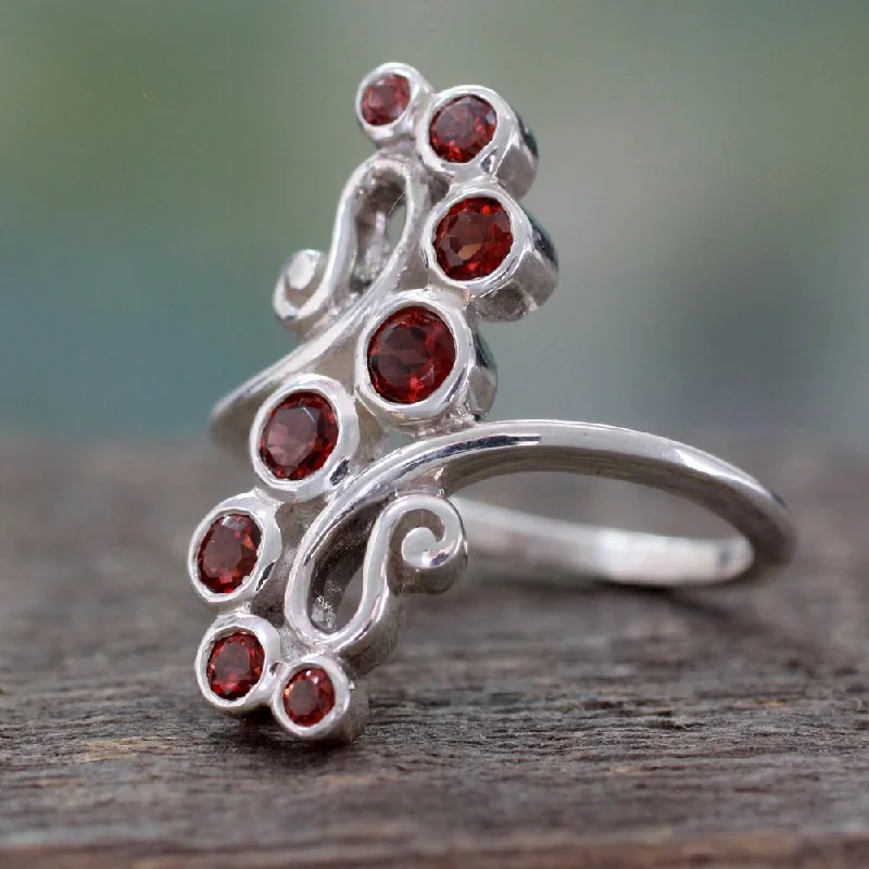 Thick pave ring-Handcrafted Sterling Silver 'Scarlet Tendrils' Garnet Ring (India)