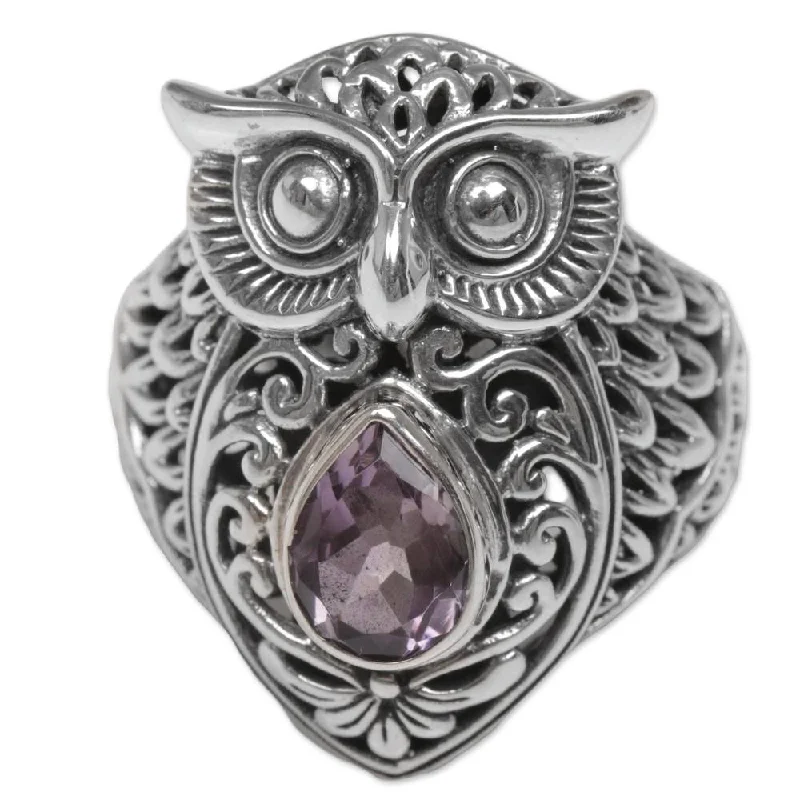 Laced ring-Handmade Sterling Silver 'Amethyst Owl' Amethyst Ring (Indonesia)