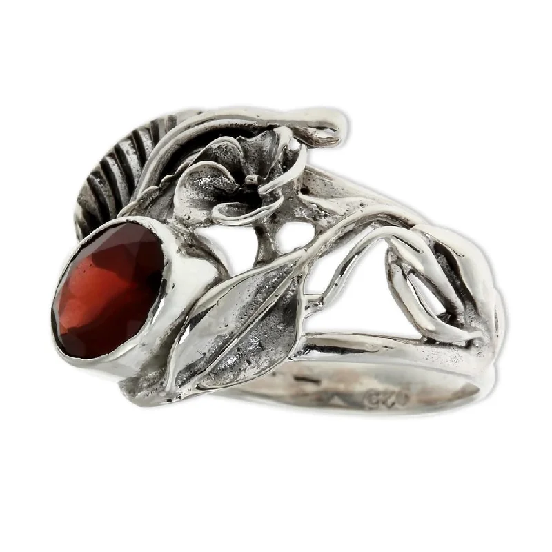 Connected band ring-Handmade Sterling Silver 'Frangipani Bouquet' Garnet Ring (Indonesia)