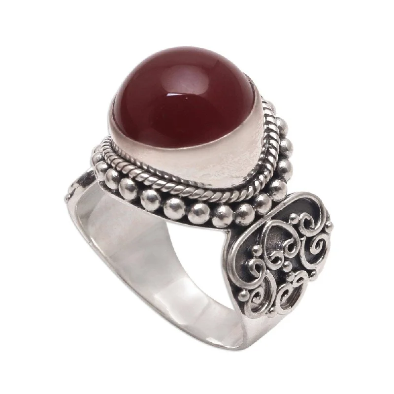 Narrow shank ring-Handmade Sterling Silver 'Incandescent Moon' Carnelian Ring (Indonesia)