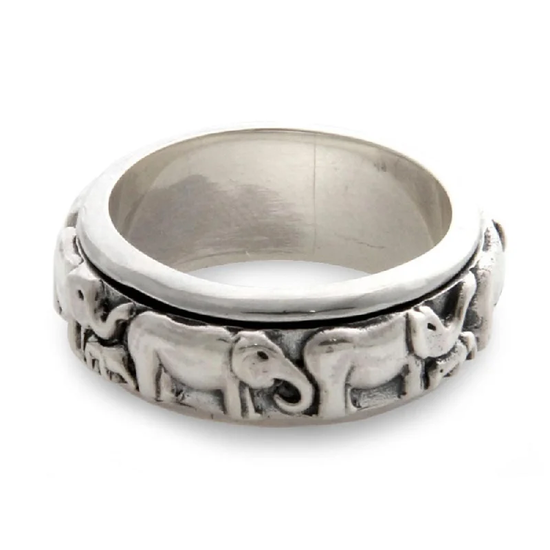 Lone pearl ring-Handmade Sterling Silver 'Lucky Elephants' Ring (Indonesia)