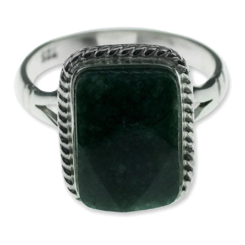 Glossy platinum ring-Handmade Sterling Silver 'Maya Forest Princess' Jade Ring (Guatemala)