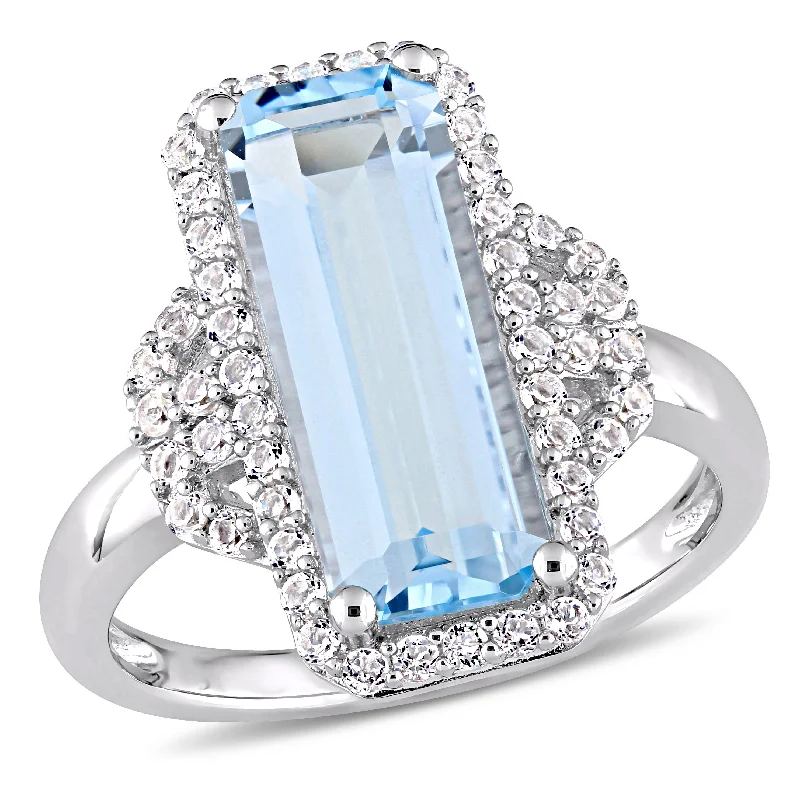 Split crystal ring-Mimi & Max 4 1/4ct TGW Octagon Cut Blue Topaz and White Topaz Halo Ring in Sterling Silver