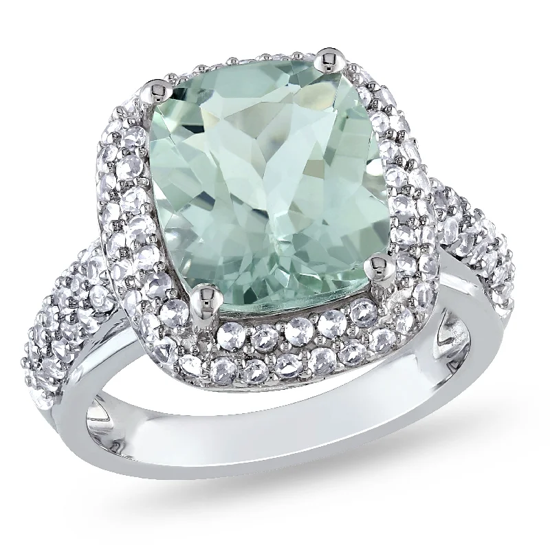 Twelve-gem ring-Mimi & Max 6ct TGW Cushion Cut Green Quartz and Created White Sapphire Double Halo Ring in Sterling Silver