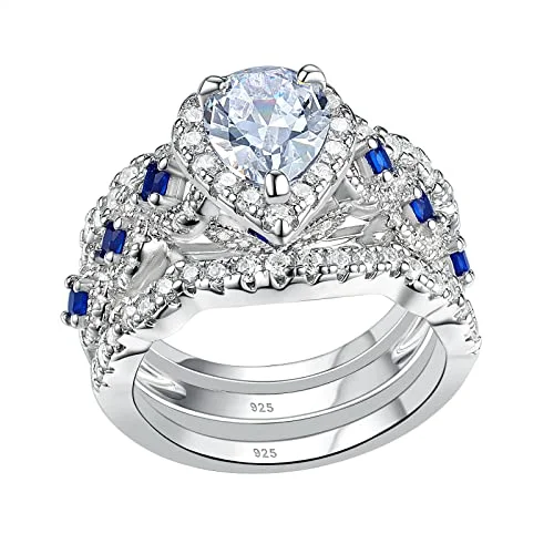 Halo-effect ring-Newshe Engagement Wedding Ring Set 925 Sterling Silver 3pcs 2.5ct Oval Pear White Cz Blue Size 5-10