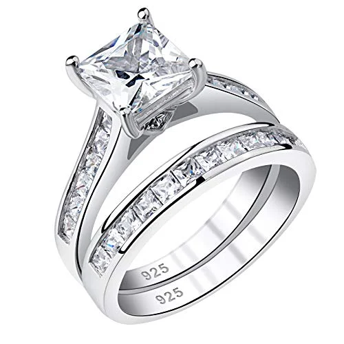 Neat cut ring-Newshe Wedding Rings for Women Engagement Ring Sets Princess 925 Sterling Silver Cz 1.8Ct Size 4-13