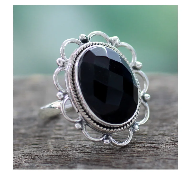 Soft silver ring-NIOVICA Handmade Sterling Silver 'Midnight Blossom' Onyx Ring (India) - Black