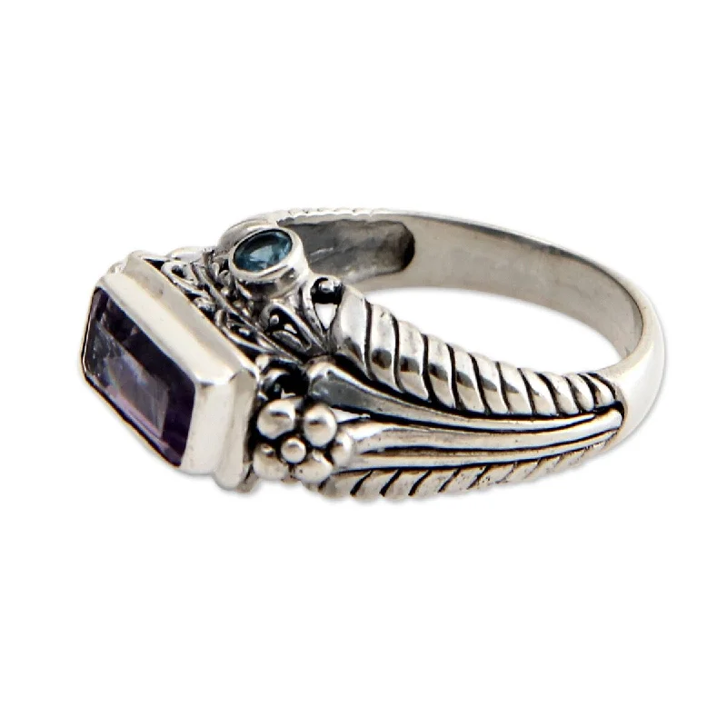 Rough sapphire ring-NOVICA Handmade Amethyst and blue topaz cocktail ring Sea Temple (Indonesia)