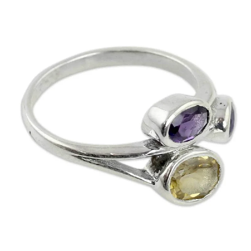 Glossy gold ring-NOVICA Handmade Sterling Silver Amethyst Citrine 3 Stone Ring (India)