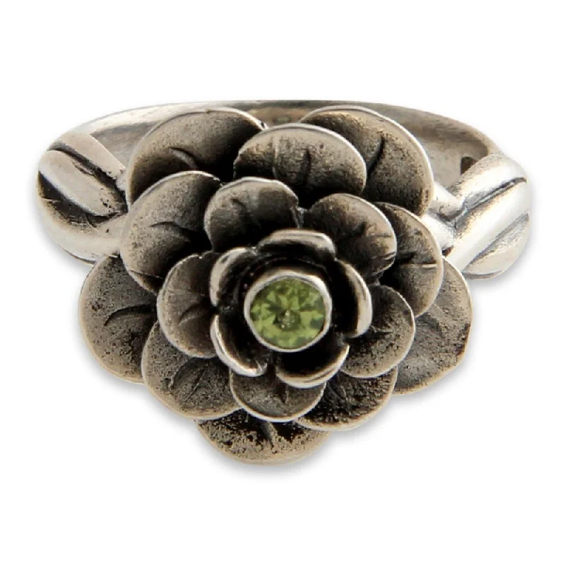 Cool aquamarine ring-NOVICA Handmade Sterling Silver 'Holy Lotus' Peridot Flower Ring (Indonesia)