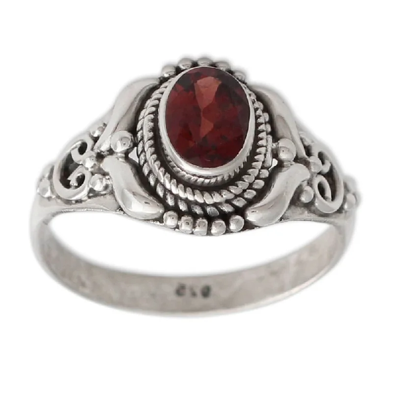 Stout-band ring-NOVICA Handmade Sterling Silver Traditional Romantic Garnet Ring (India)