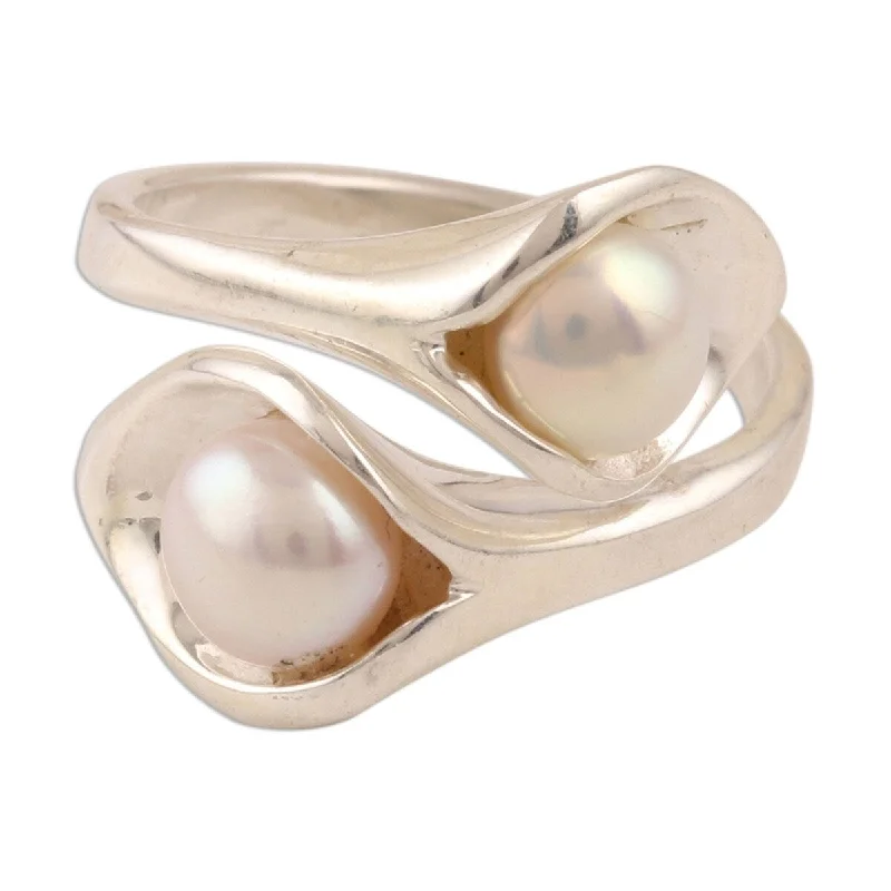 Connected band ring-NOVICA Lily Twins, Cultured pearl wrap ring