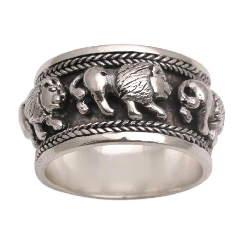 Incised design ring-NOVICA Lion Parade, Sterling silver band ring