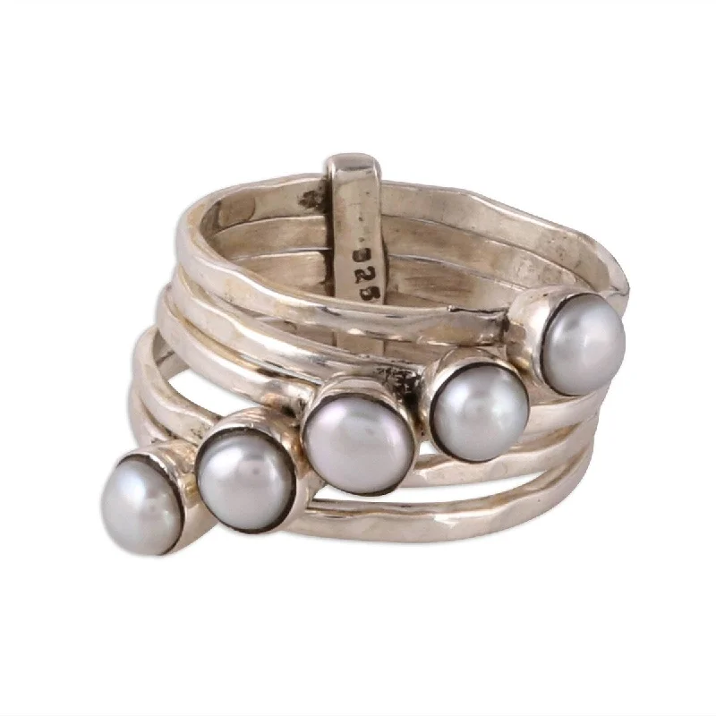 Thick pave ring-NOVICA White Glow, Cultured pearl cocktail ring