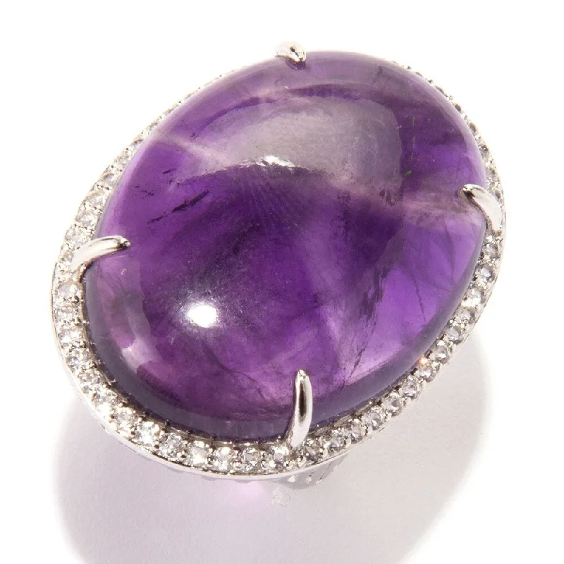 Wispy silver ring-Pinctore Ster Silver 37ct African Amethyst & White Topaz Cocktail Ring, Size 7