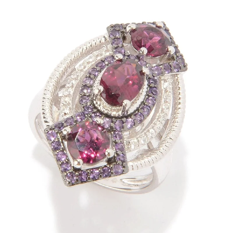 Shimmering cut ring-Pinctore Sterling Silver Rhodolite, Amethyst & White Zircon Cocktail Ring, Size 7 - Red