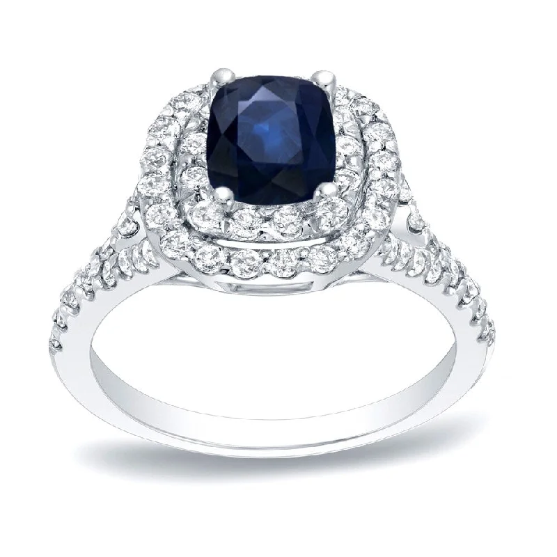 Paneled band ring-Platinum 1/2ct Cushion-Cut Blue Sapphire and 3/4ct TDW Diamond Halo Engagement Ring (H-I, SI1-SI2)