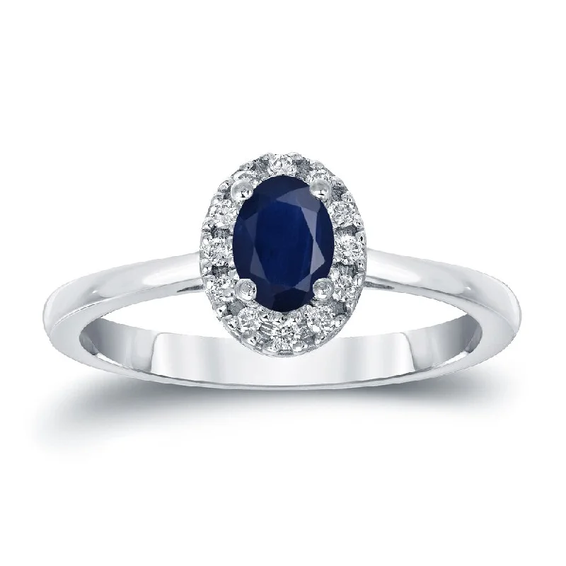 Rustic-edge ring-Platinum 1/2ct Sapphire Oval and 1/10ct TDW Diamond Halo Engagement Ring (H-I, SI1-SI2)