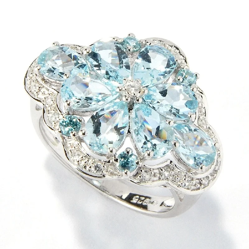 Rain gem ring-Platinum O/ Silver 3.26Ctw Aquamarine,Blue & White Zircon Cluster Ring