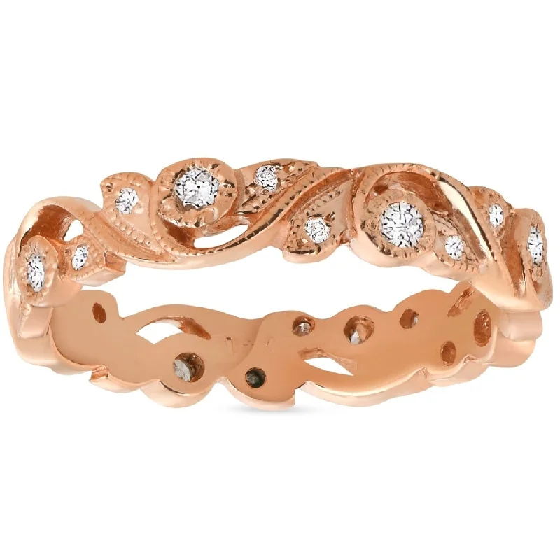 Open-shadow ring-Pompeii3 14k Rose Gold 1/4 ct TDW Diamond Wedding Leaft Ring Stackable Vine Vtinage Womens Anniversary Band - White