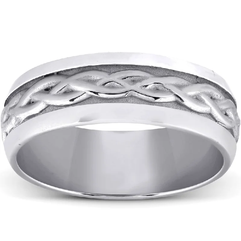 Open-shadow ring-Pompeii3 14k White Gold 7mm Brushed Braided Comfort Fit Ring Mens Wedding Band