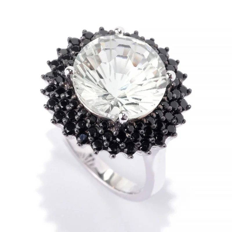 Ripple motif ring-Ss/ 12Mm Round 6.21Ctw Green Amethyst & Black Spinel Halo Cocktail Ring