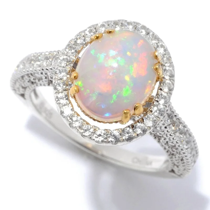 Rustic-edge ring-Sterling Silver 10 x 8mm Oval Ethiopian Opal & White Zircon Ring