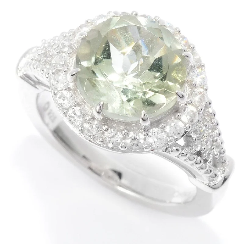 Drifting stone ring-Sterling Silver 10mm Round Green Amethyst & White Zircon Halo Ring