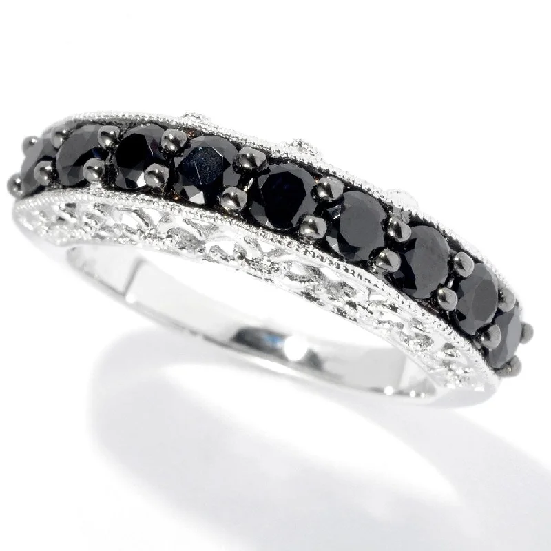 Light-carved ring-Sterling Silver 3mm Round Black Spinel Nine-Stone Band Ring