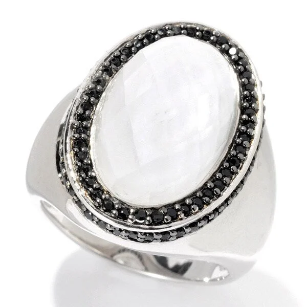 Twelve-gem ring-Sterling Silver 7ct TGW Oval White Quartz Cabochon and Black Spinel Ring