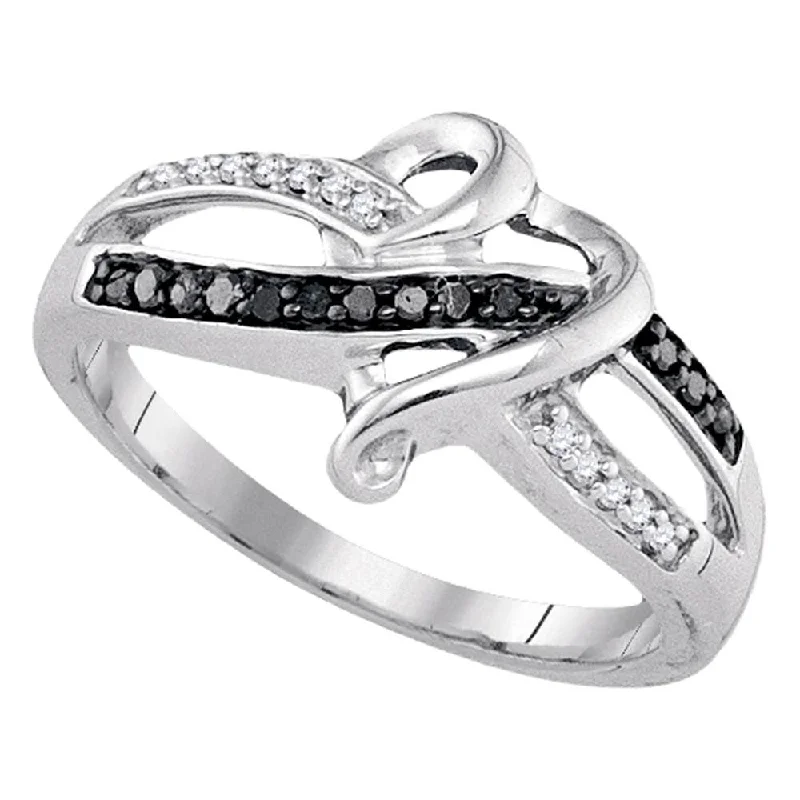 Ridge gem ring-Sterling Silver Black Color Enhanced Round Pave-set Diamond Womens Band Ring 1/10 Cttw